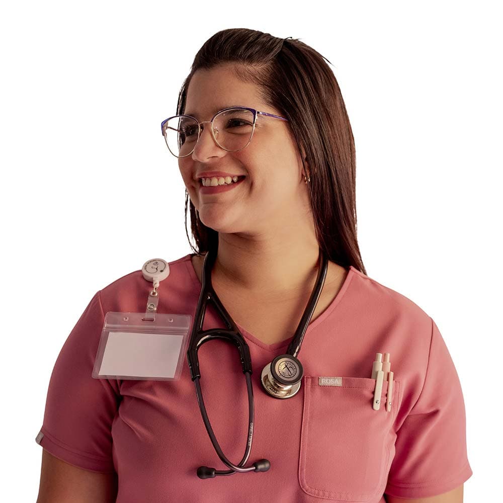 Feature overview of the Vintage Pink scrub top