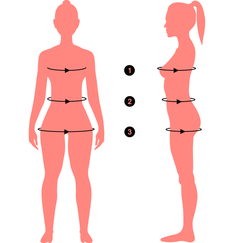 Women silhouette showing 3 measurement points. 1 is bust, 2 is waist, 3 is hips.